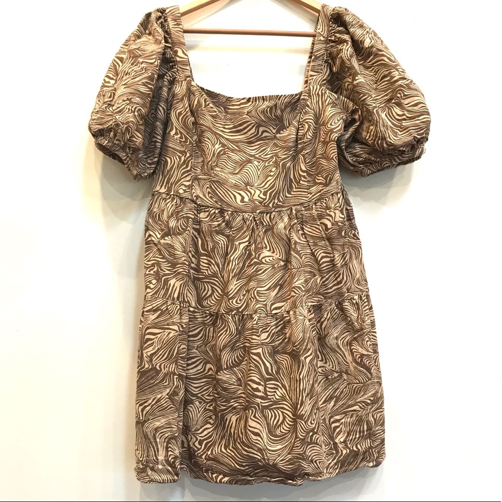 💫House Of Harlow Tan Palm Print Puffed Sleeve Mini Dress💫